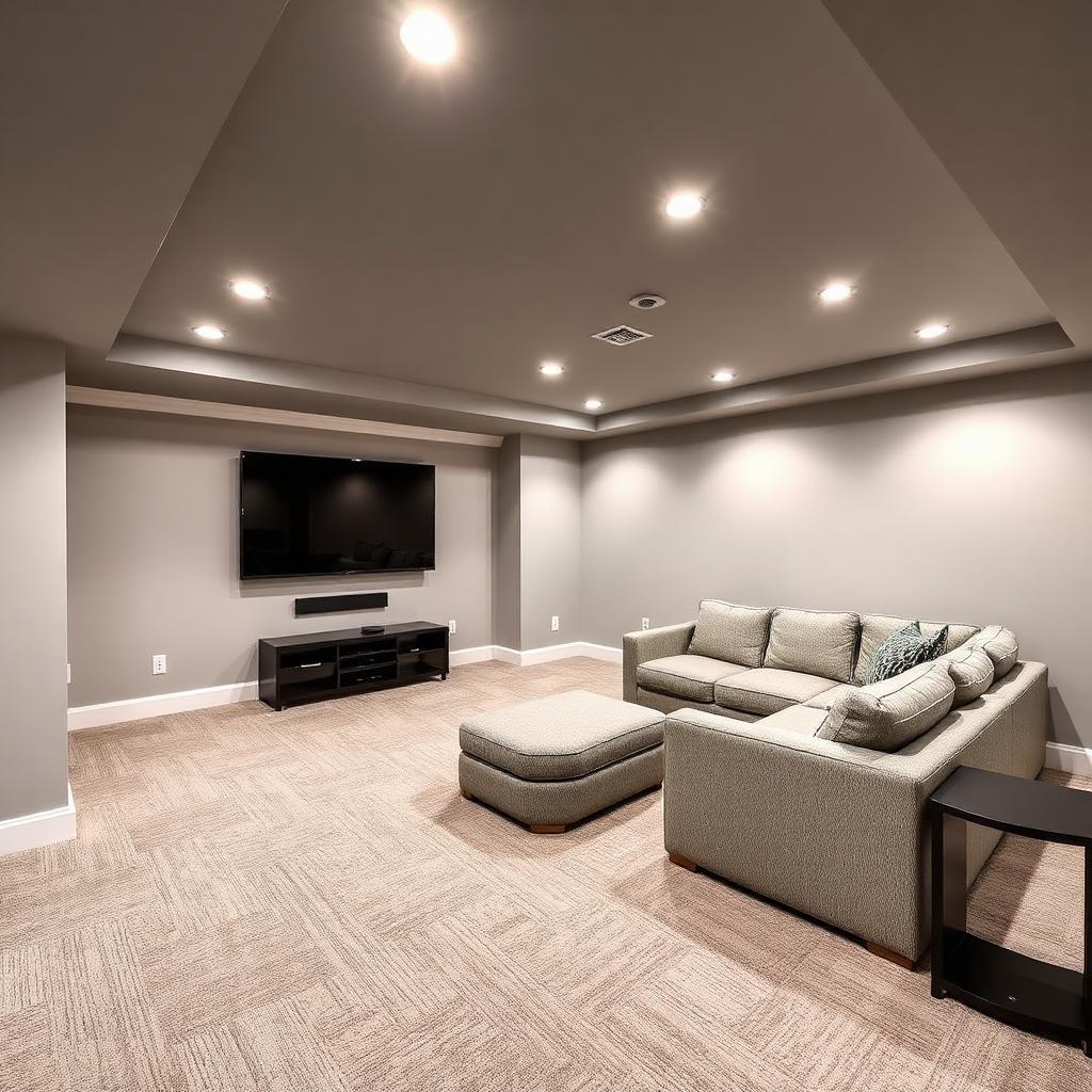 Finished basement room with carpet, recessed lighting, and entertainment area