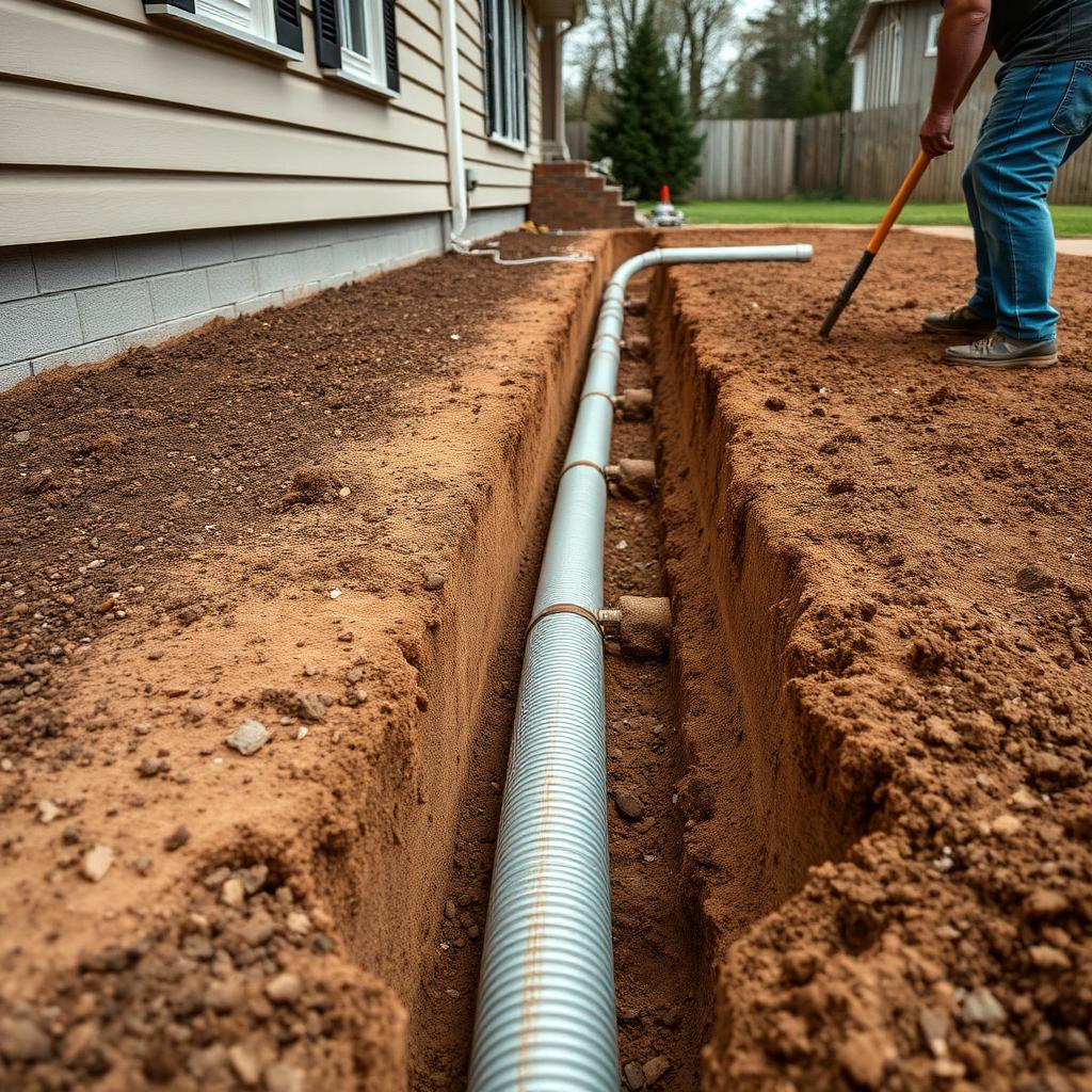 Underground drainage pipe installation along foundation of residential home