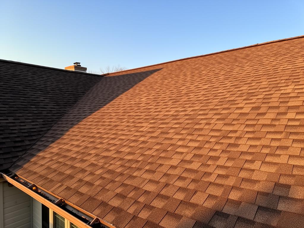 Professional roofing crew installing new asphalt shingles on residential house